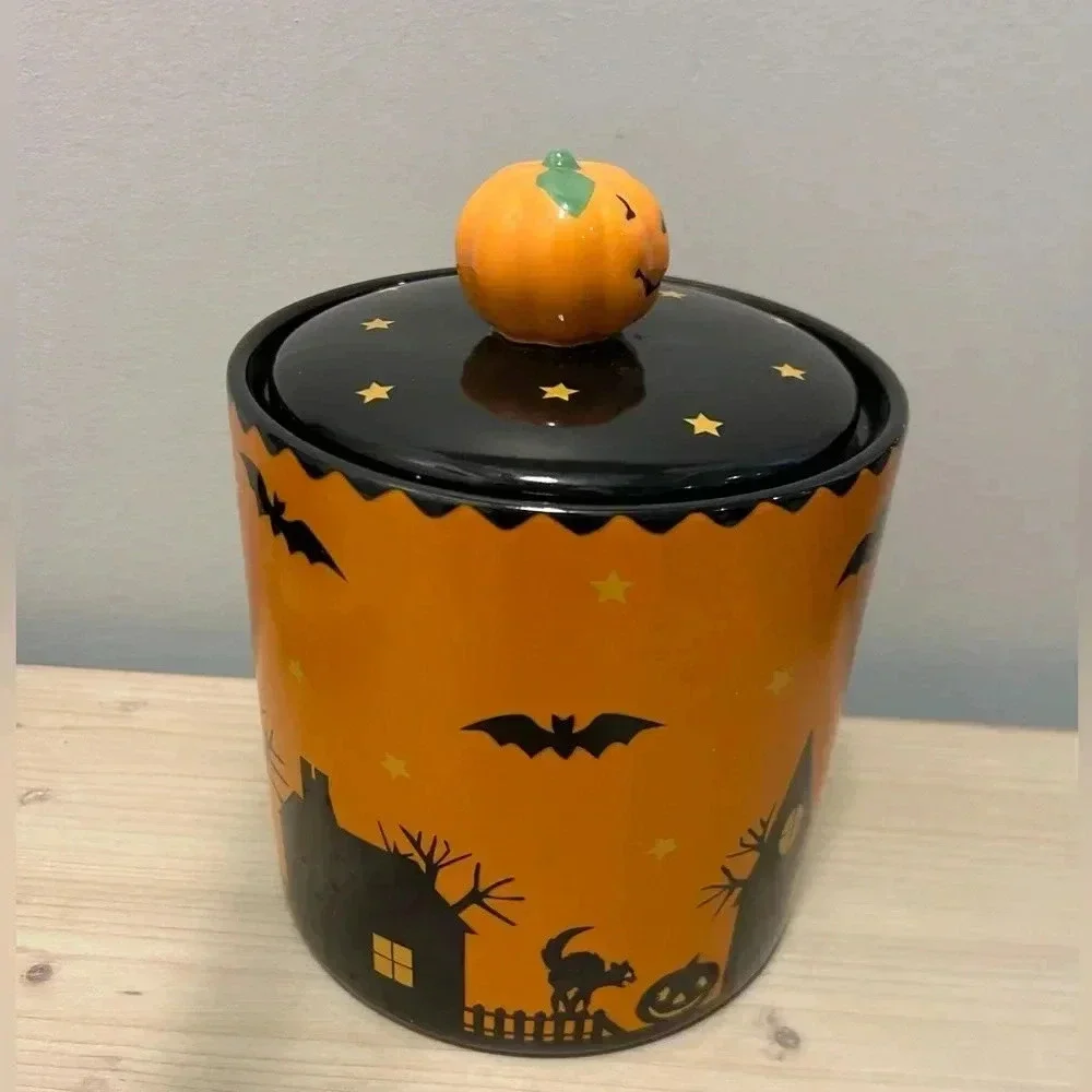 Halloween Canister Spooky Town Witch, Moon, Stars, Bats, Owl, Black Cat, Pumpkin